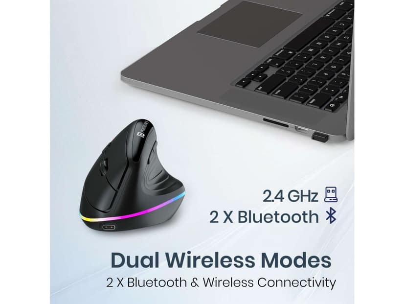 Portronics Toad Ergo 3 Ergonomic Wireless Mouse with RGB, 2400 DPI, Dual Mode BT & 2.4GHz Connectivity, Rechargeable Battery, 6 Buttons, Adjustable DPI - Black view 2