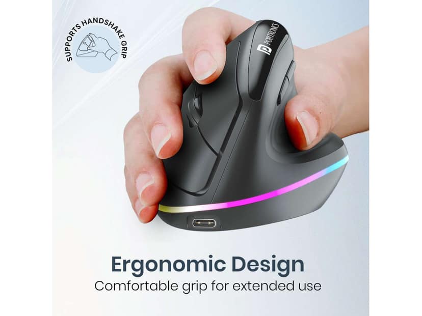 Portronics Toad Ergo 3 Ergonomic Wireless Mouse with RGB, 2400 DPI, Dual Mode BT & 2.4GHz Connectivity, Rechargeable Battery, 6 Buttons, Adjustable DPI - Black view 3