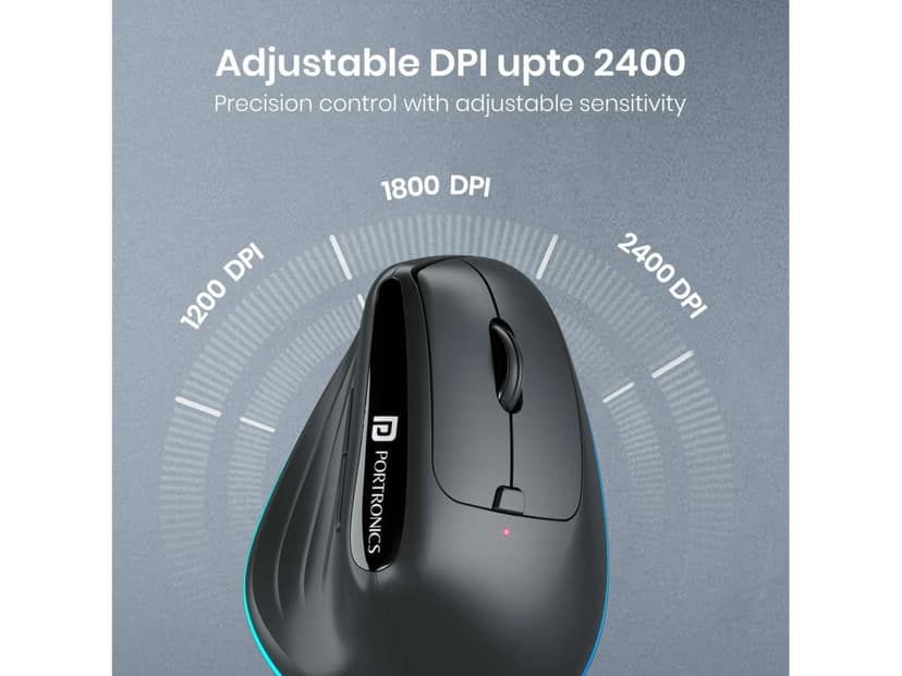 Portronics Toad Ergo 3 Ergonomic Wireless Mouse with RGB, 2400 DPI, Dual Mode BT & 2.4GHz Connectivity, Rechargeable Battery, 6 Buttons, Adjustable DPI - Black view 4
