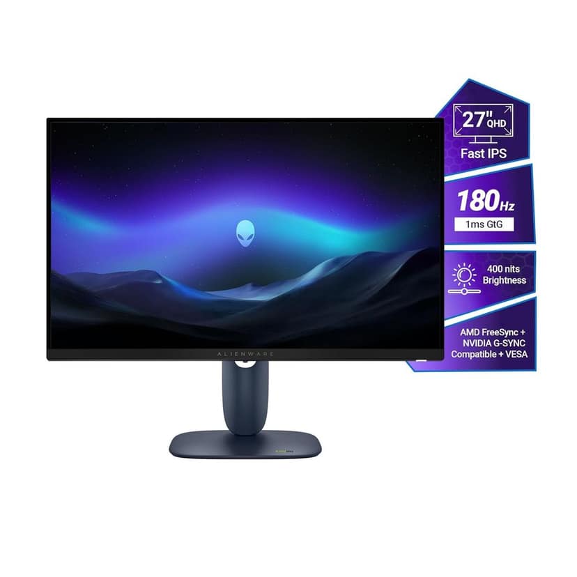 AW2725DM Alienware 27" QHD Fast IPS Monitor, AMD FreeSync + NVIDIA G-SYNC, 180Hz, 1ms GtG, (2) HDMI, DP1.4, USB 5Gbps (3) Ergonomic, 400nits Brightness, 1000:1 Contrast, DCI-P3 95%+VESA DisplayHDR 400