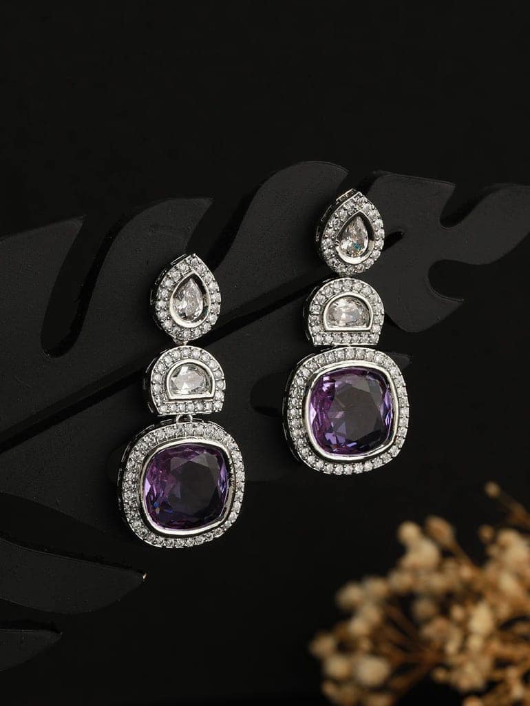 White Rhodium Lavender CZ Studded statement Drop Earrings view 2