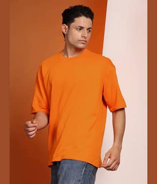 ENCIGER Men Cotton Oversized Fit Solid T-Shirt ( Orange )