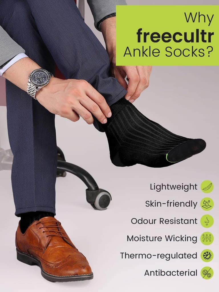 Freecultr Ankle Socks | Breathable Bamboo Fibre | Odour Resistant | Thermo Regulated | Moisture Wicking | Anti-Slip Y-Heel | Soft & Comfortable Set of 3 Black view 5