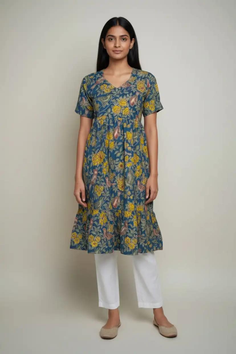 Pedana Kalamkari Floral Cotton Tiered Dress with Printed Border