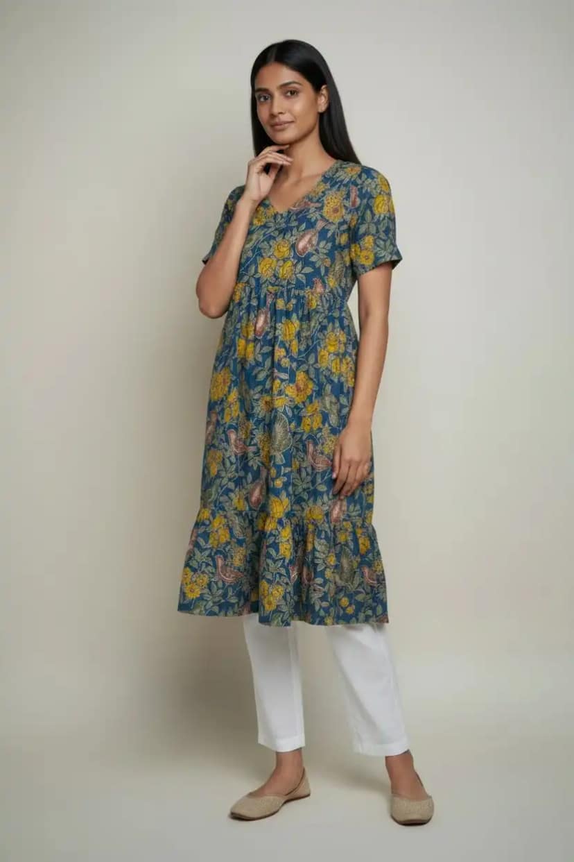 Pedana Kalamkari Floral Cotton Tiered Dress with Printed Border view 2