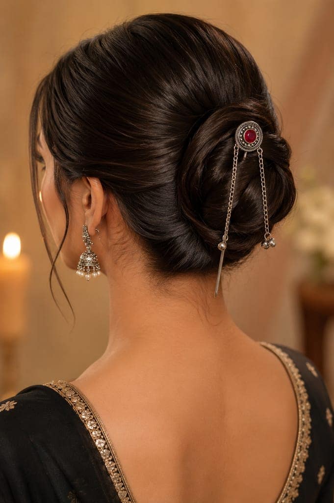Handmade Oxidised Silver Elegant Silver Juda Stick with Maroon Stone & Pearl Tassel view 2