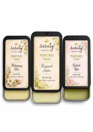Rareity Perfume Solid Perfume Combo Pack of 3 | Mahogany Shea, Bergamot Amber & British Rose | Pocket Fragrance Balm | Travel Friendly Metal Tin | 20g Each | Unisex Aroma