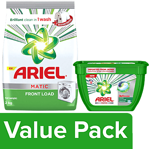 Ariel Detergent Washing Powder-Matic Front Load 2kg + Matic 3-in-1 PODs Detergent 357g, Combo 2 Items