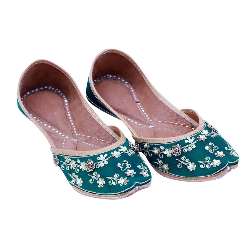 RSK ETHNIC WEAR, Green Color Embroidered Handmade Jutti for Women with Soft Leather and Double Cushion view 3