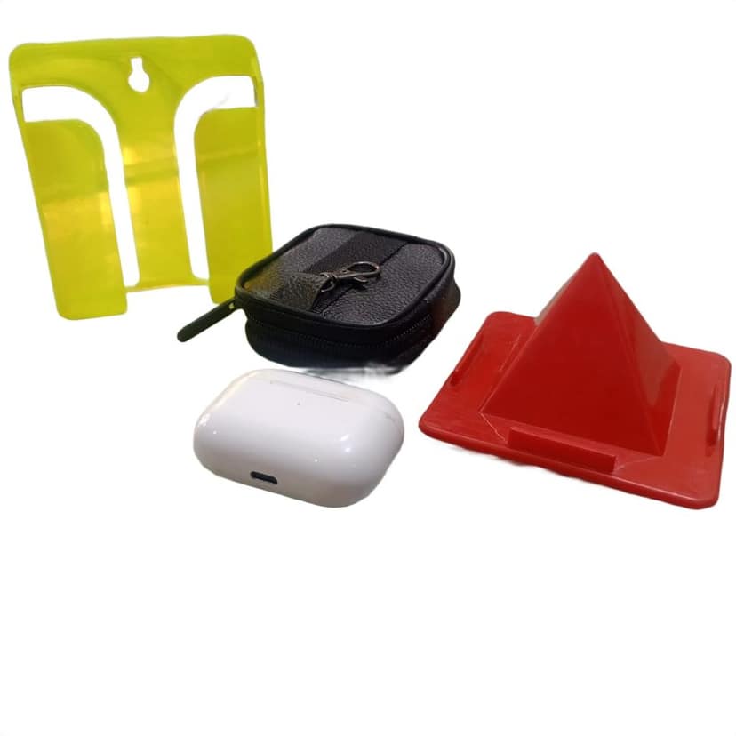 Mobile Accessories Combo Set with TrueWireless Earbuds, Leather Pouch for Earbuds and Tabler& Mobile Stand, Wall Mount Mobile Stand