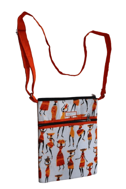 Unisex White Tribal Print Sling Bag with Orange Accents view 3