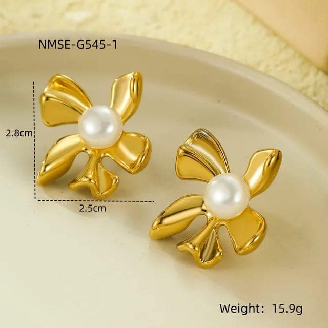 Jewelryklub Simulated Pearl Flower Ear Studs Exquisite Smooth Stud Earrings For Women & Girls (Gold) view 3