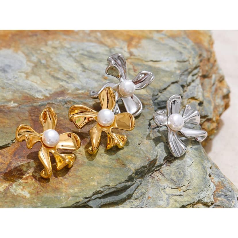 Jewelryklub Simulated Pearl Flower Ear Studs Exquisite Smooth Stud Earrings For Women & Girls (Gold) view 4