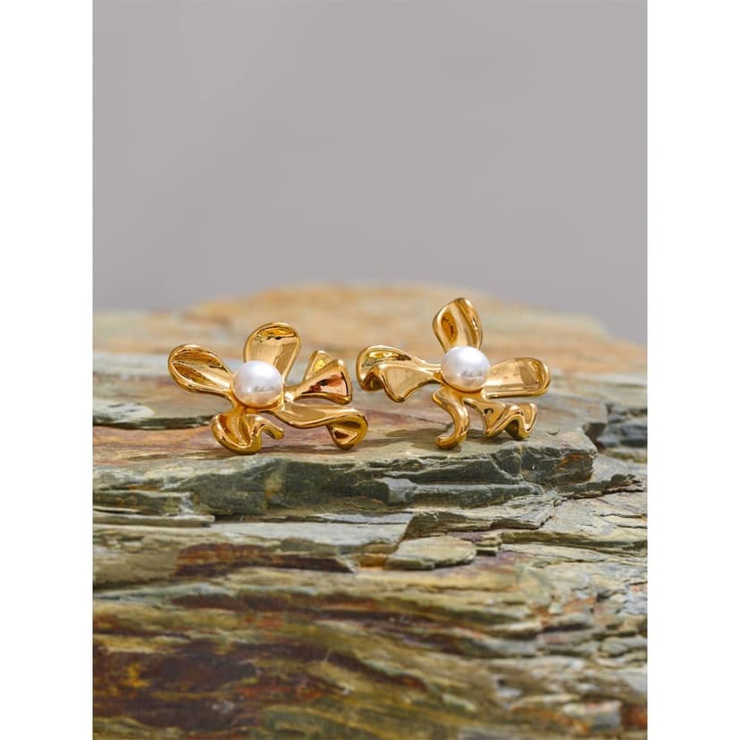 Jewelryklub Simulated Pearl Flower Ear Studs Exquisite Smooth Stud Earrings For Women & Girls (Gold) view 5
