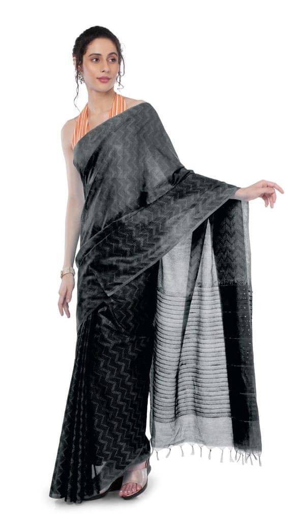 Kota Silk Saree Raisin Black Color Sequence Pallu and full body Zig-Zag Design with running blouse-5480 view 2