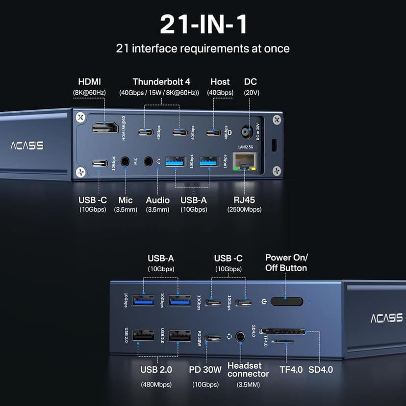 ACASIS Thunderbolt 4 Dock-21 Ports, Dual Monitor, 8K60Hz HDMI, 2.5 GbE, SD/TF4.0,10Gbps USB C/A 3.2 Gen2, 3.5mm, 40Gbps Dock for Mac M1/M2/M3 Pro/Max view 2