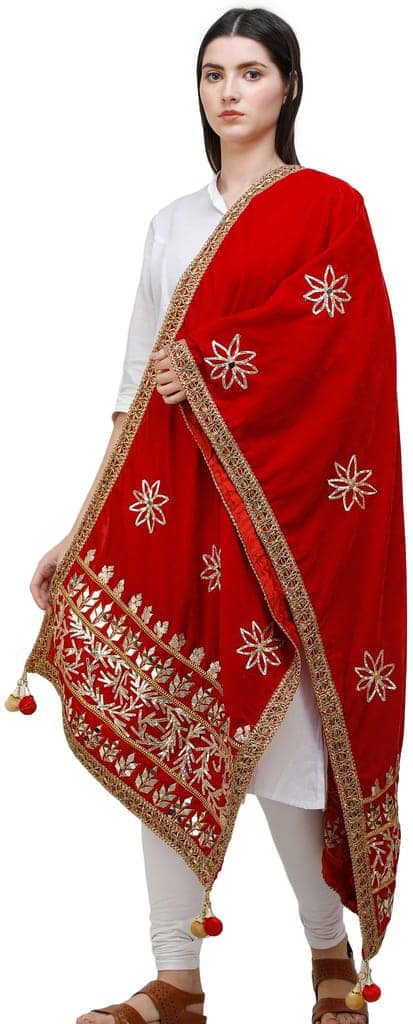Llipstick-Red Dupatta from Amritsar Embellished with Gota Patches on Border and Mirrors view 2