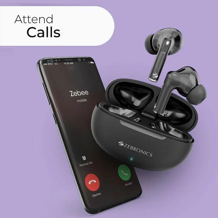 ZEBRONICS Zeb-Chime Wireless Stereo Sound 13mm Drivers Up to 30h* Battery Life with Charging case Voice Assistant Support Splash Proof Black view 3