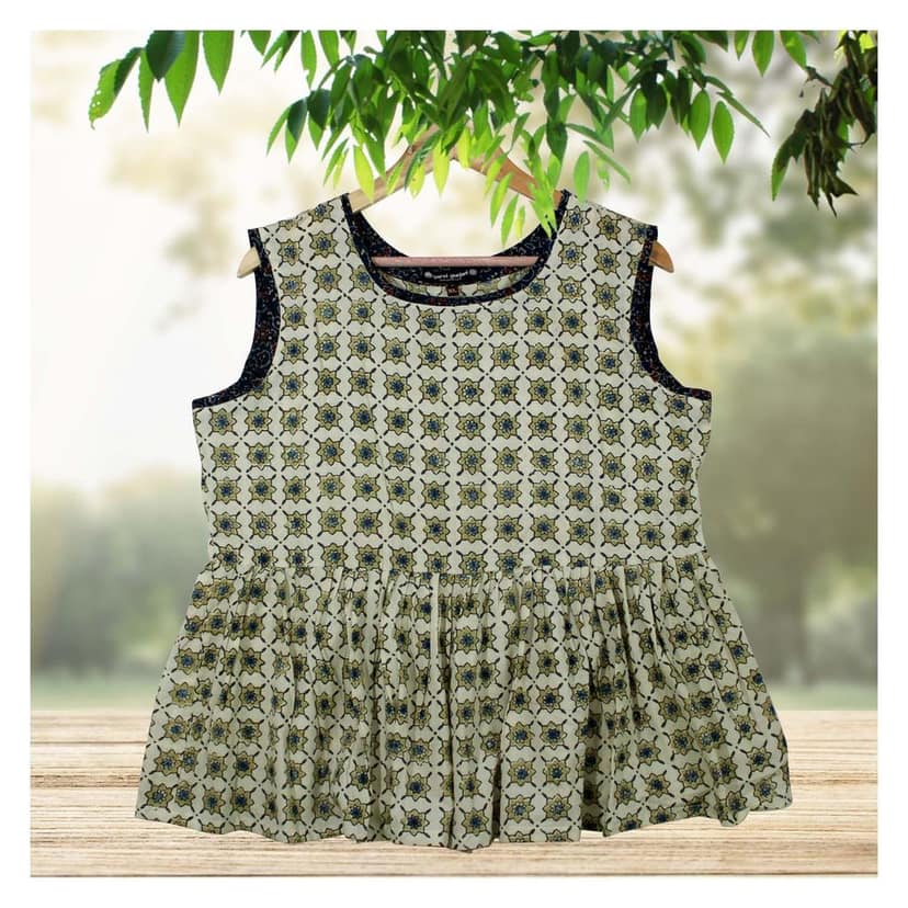 Garvi Gurjari (A Gujarat Govt Enterprise Cream Ajrakh Hand Block Printed Cotton Short Kurti(GGCACST02) view 2