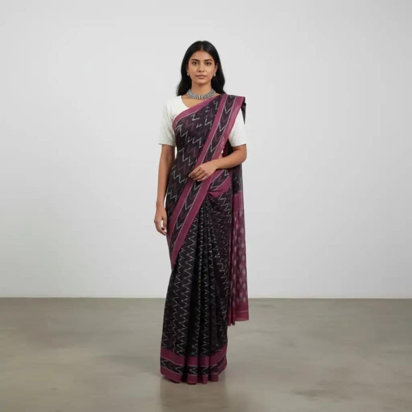 Magenta Pochampally Cotton Saree with Temple Border and Ikat Motifs