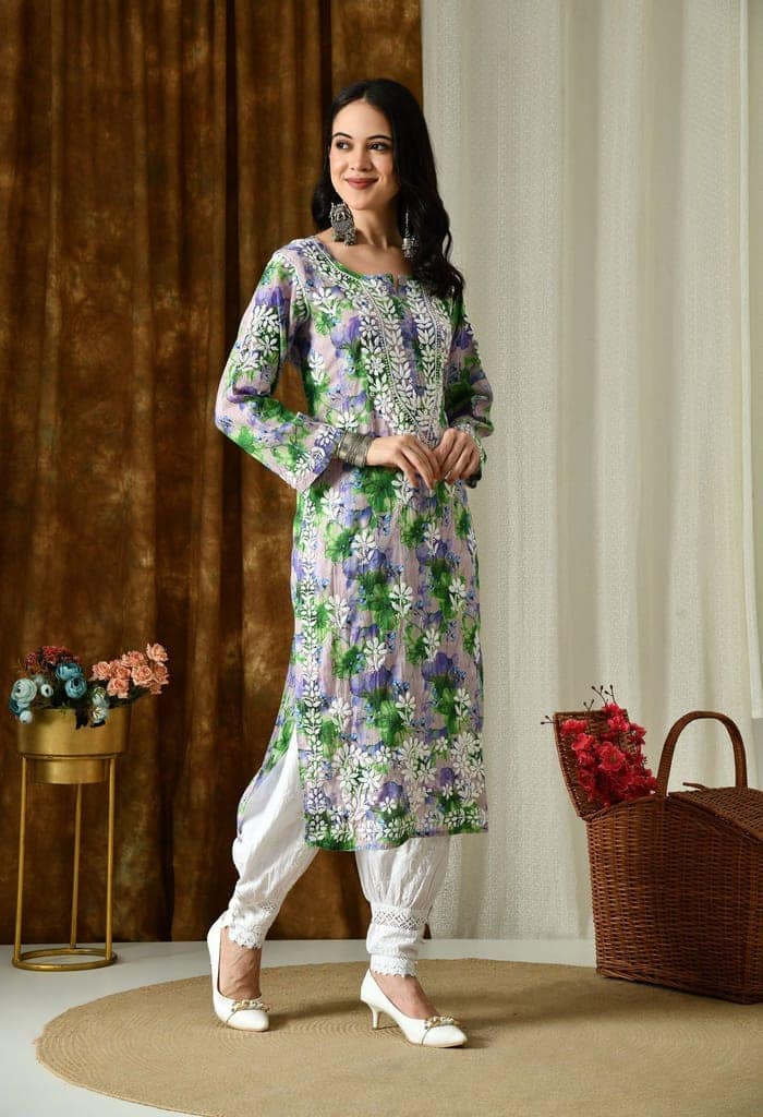 Multi color Mulmul Pure Cotton Lucknow Chikankari Kurta -Green view 2