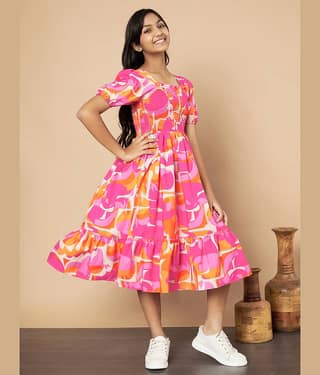 OTABU Rayon A-line Dress For Girls ( Pack of 1 , Orange )