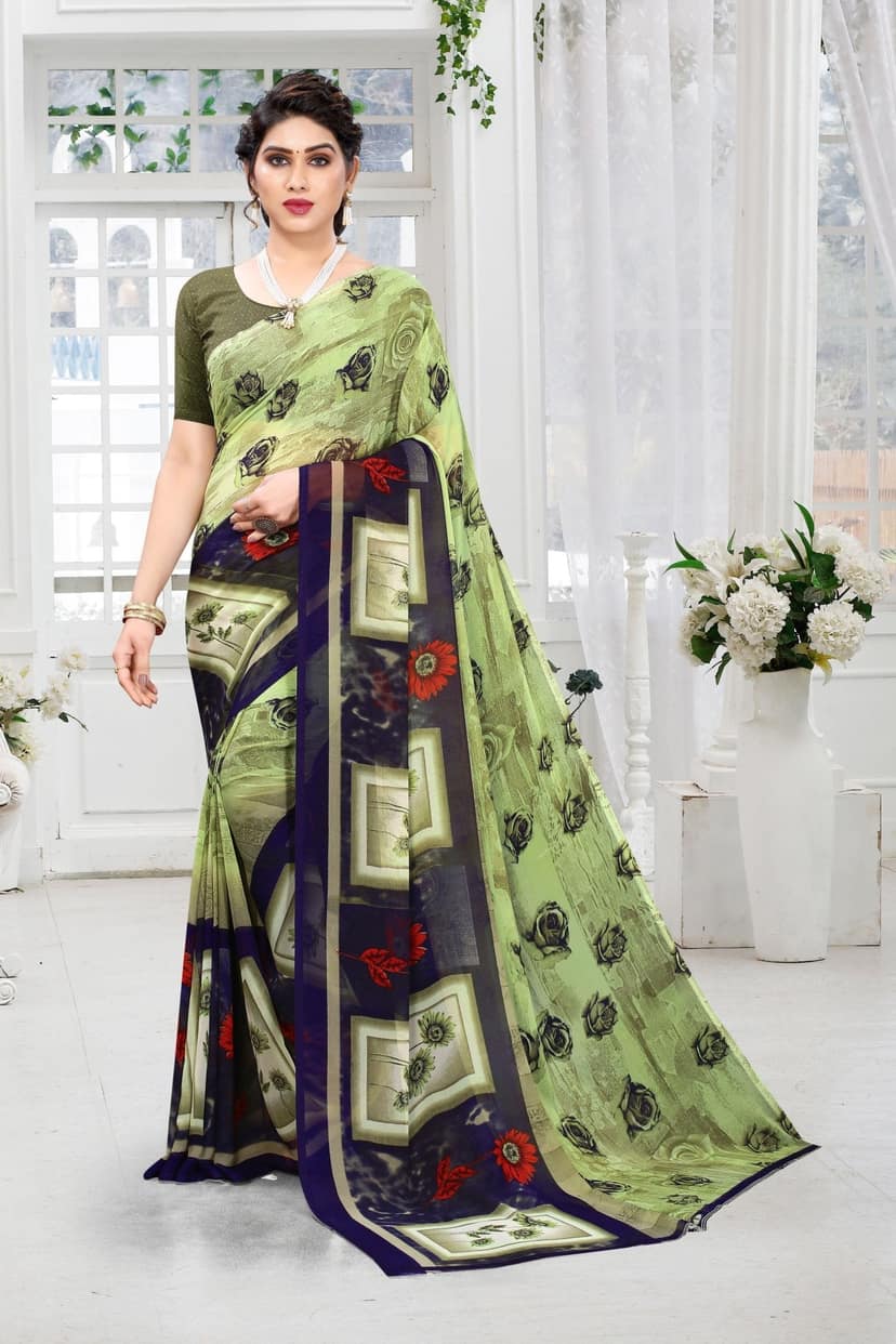 TheHangr Women's Heavy Georgette Saree With Beautiful Print With Blouse Piece - Light Green