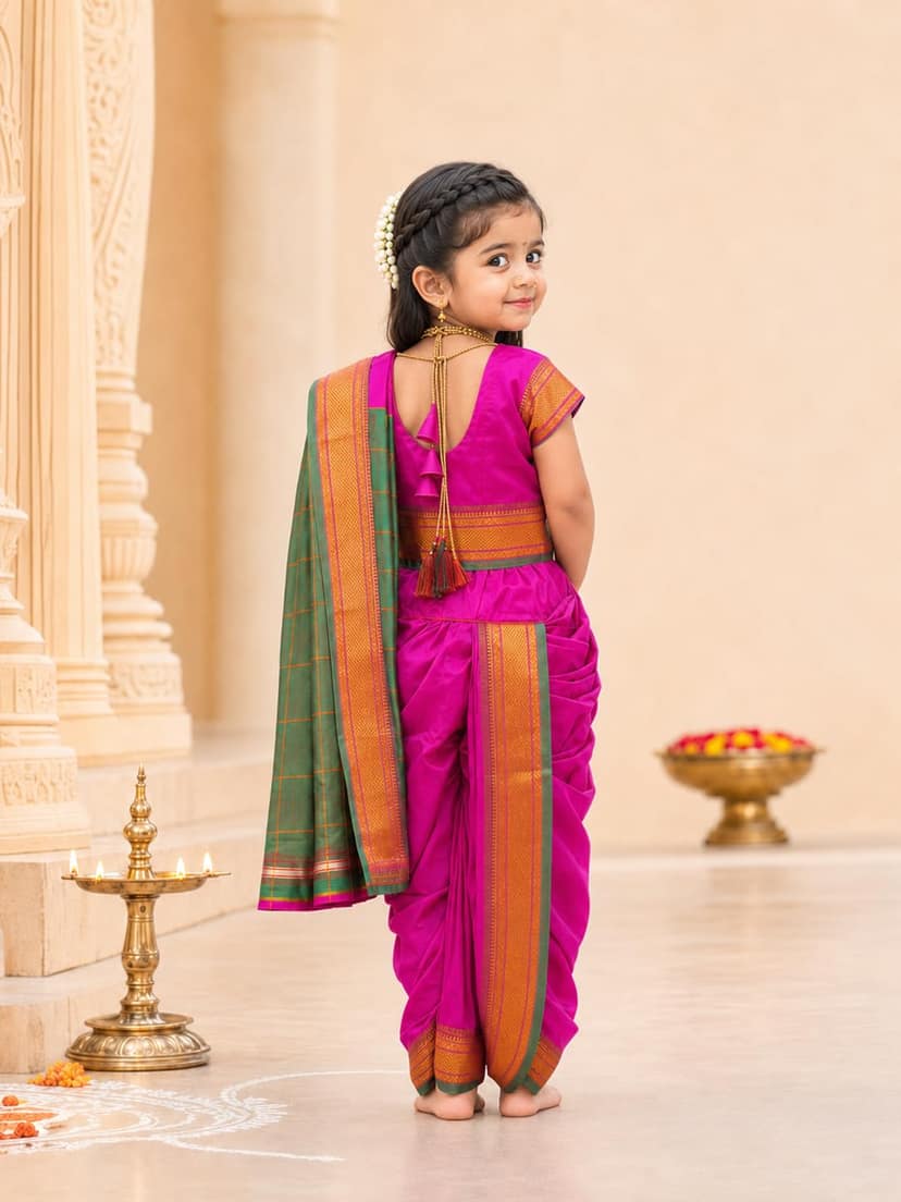 Traditional Maharashtrian Nauvari Saree for Girls - Ready-to-Wear Cotton Festive Attire view 2