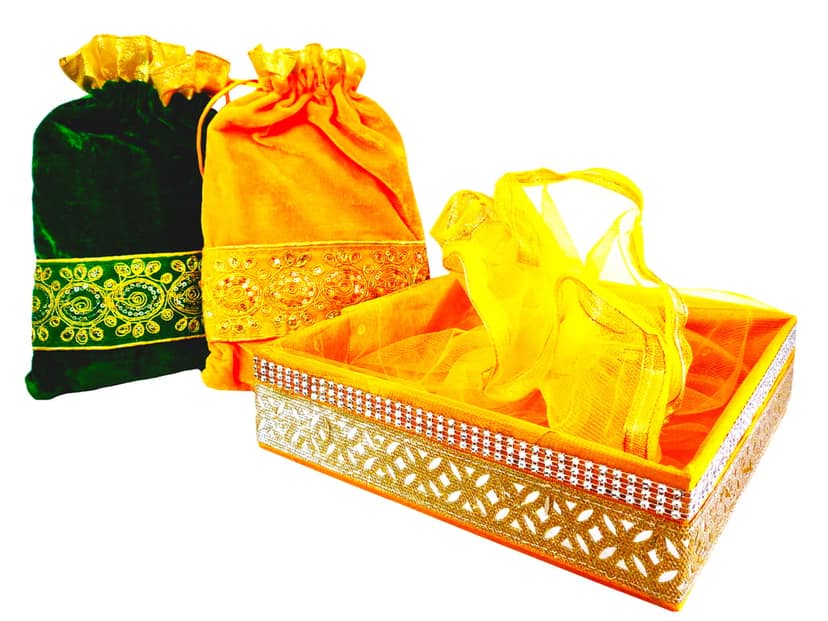 Omkar by R3 Inc. Royal Gift Basket & Shagun Potli Combo pack for Gifts Hampers | Fancy Gifting | Wedding Gifting|Shagun|Return Gift (Pack of 3 / Jumbo) Shagun Potli & Square Basket - Multi Color view 2