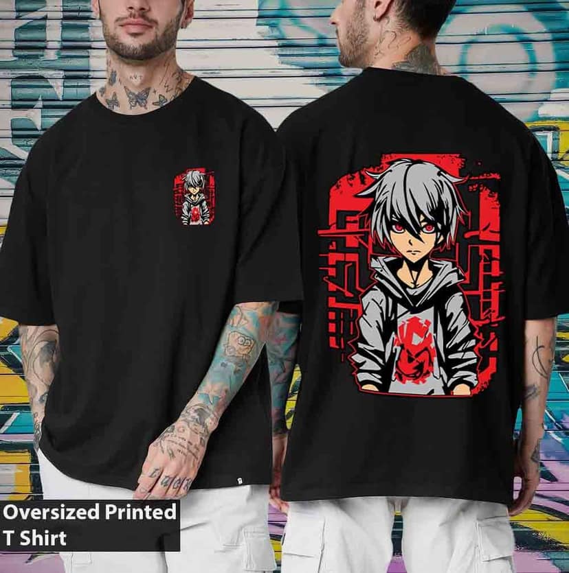 SCOTT FINCHER Men's Black anime t-shirt featuring a graphic of a boy with white hair and red eyes : AA(ARN)BLACK_177 view 3