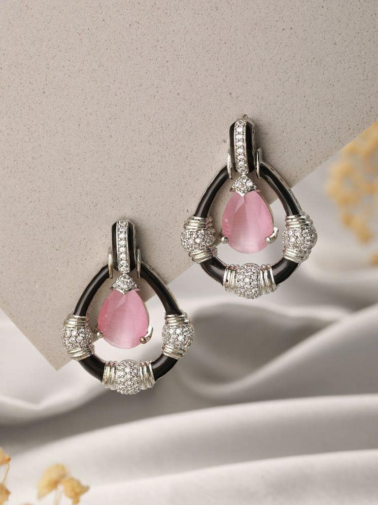 Black Enamelled Pink AD Minimal Tear Shaped Designer Earrings view 2