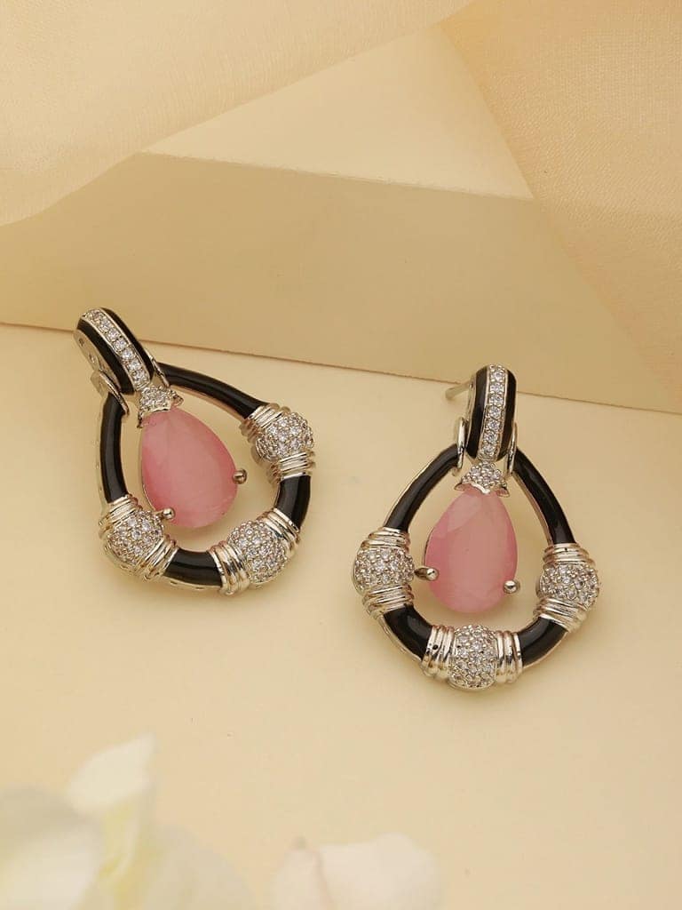 Black Enamelled Pink AD Minimal Tear Shaped Designer Earrings view 4