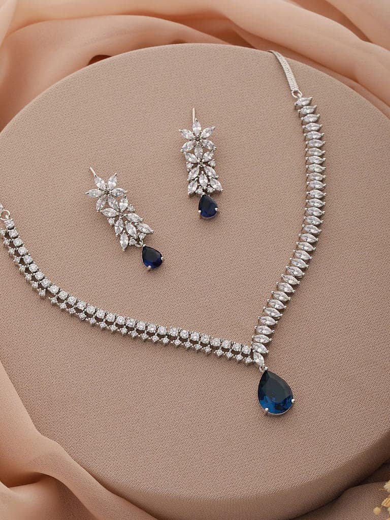 White Rhodium Blue Zircon Studded Statement Necklace Jewellery Set view 2