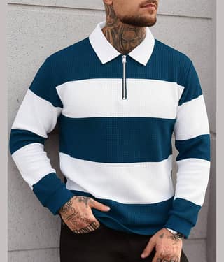 AUSK Men Cotton Blend Regular Fit Striped Polo T Shirt ( Blue )