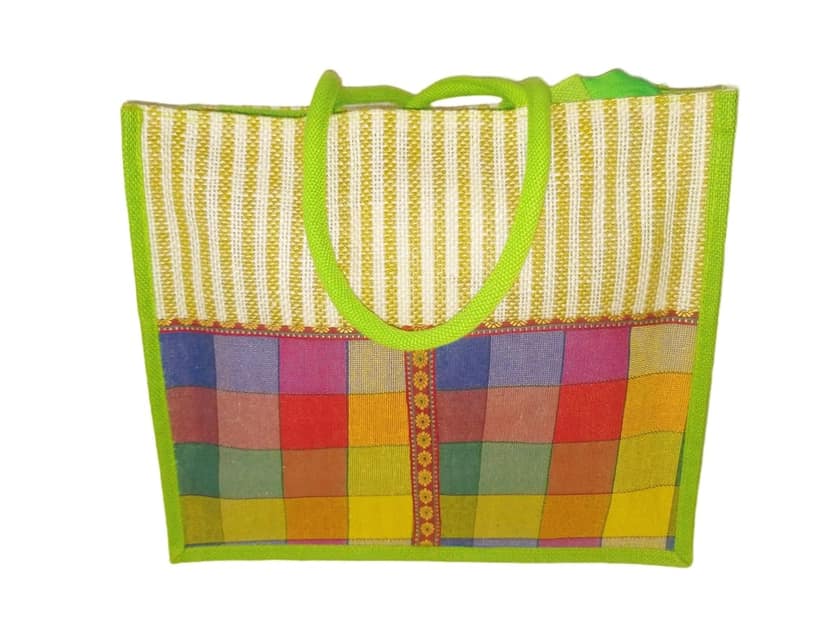 Colorful Jute Tote Bag with Green Trim view 4