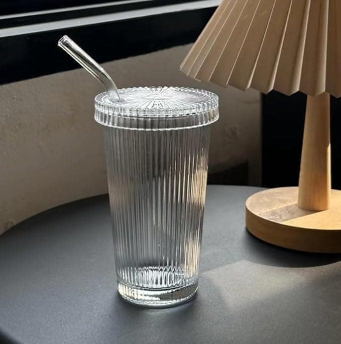 Glass Tumbler with Lid and Straw,380 ML,Set of 1,Stripe Drinking Sipper for Water,Iced Tea, Milk, Juice, Coffee & Hot/Cold Drink, Perfect for Home, Office, Party and Travel, Gift for Man/Women