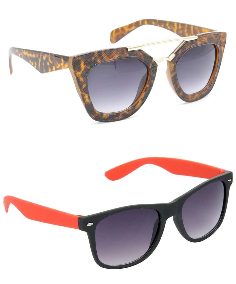 Hrinkar Unisex Rectangular Sunglasses Golden & Red Frame, Clear & Grey Lens (Medium) - Pack of 2