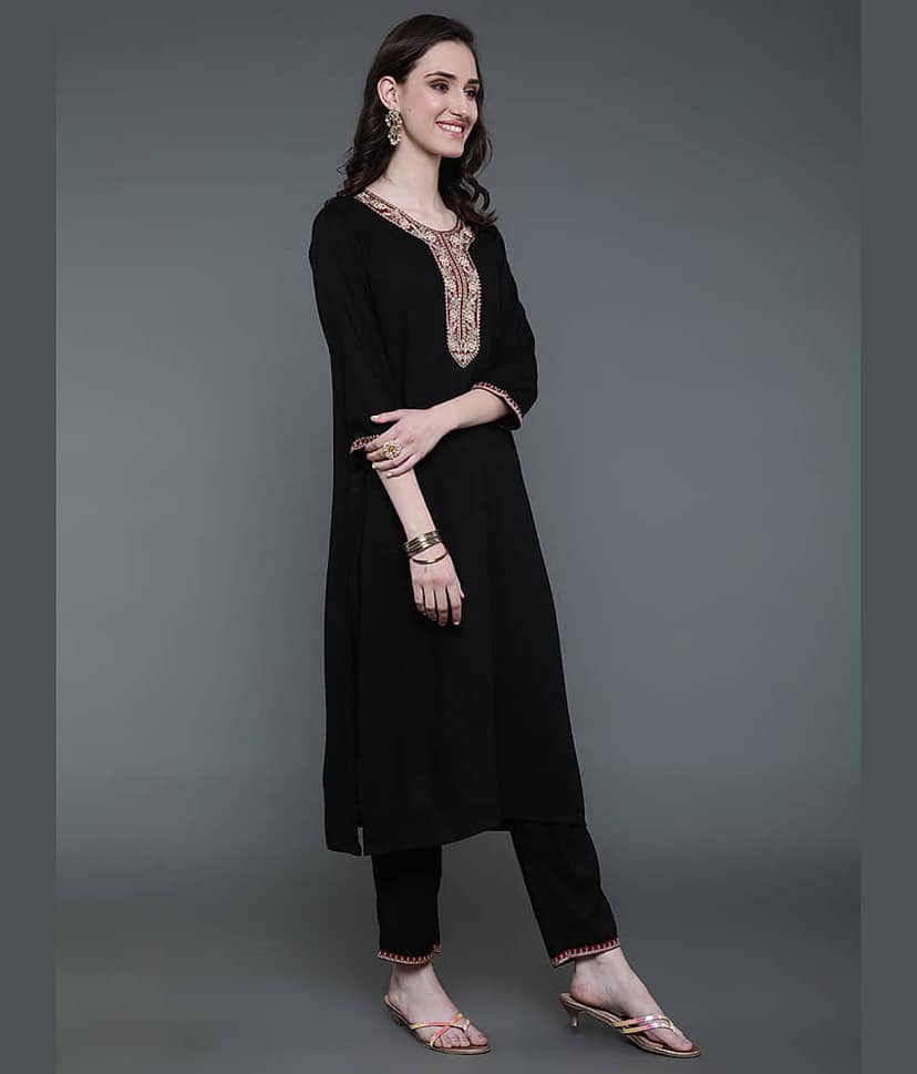 Antaran Rayon Printed Kurti With Pants Women's Stitched Salwar Suit - Black ( Pack of 2 )