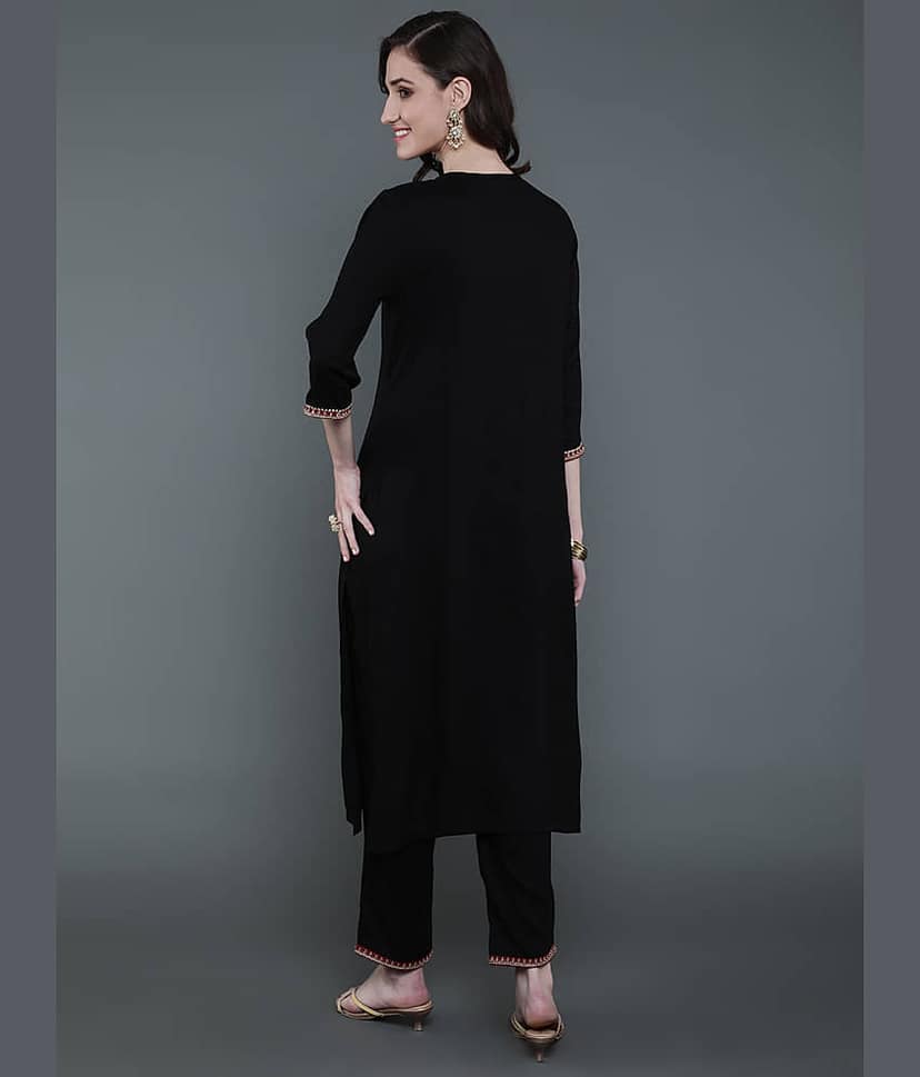 Antaran Rayon Printed Kurti With Pants Women's Stitched Salwar Suit - Black ( Pack of 2 ) view 2