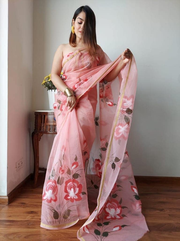 Hand Painted Organza Saree Rose Pink Colour with touch of gold print in vibrant Indian colours and matching running Blouse-4998