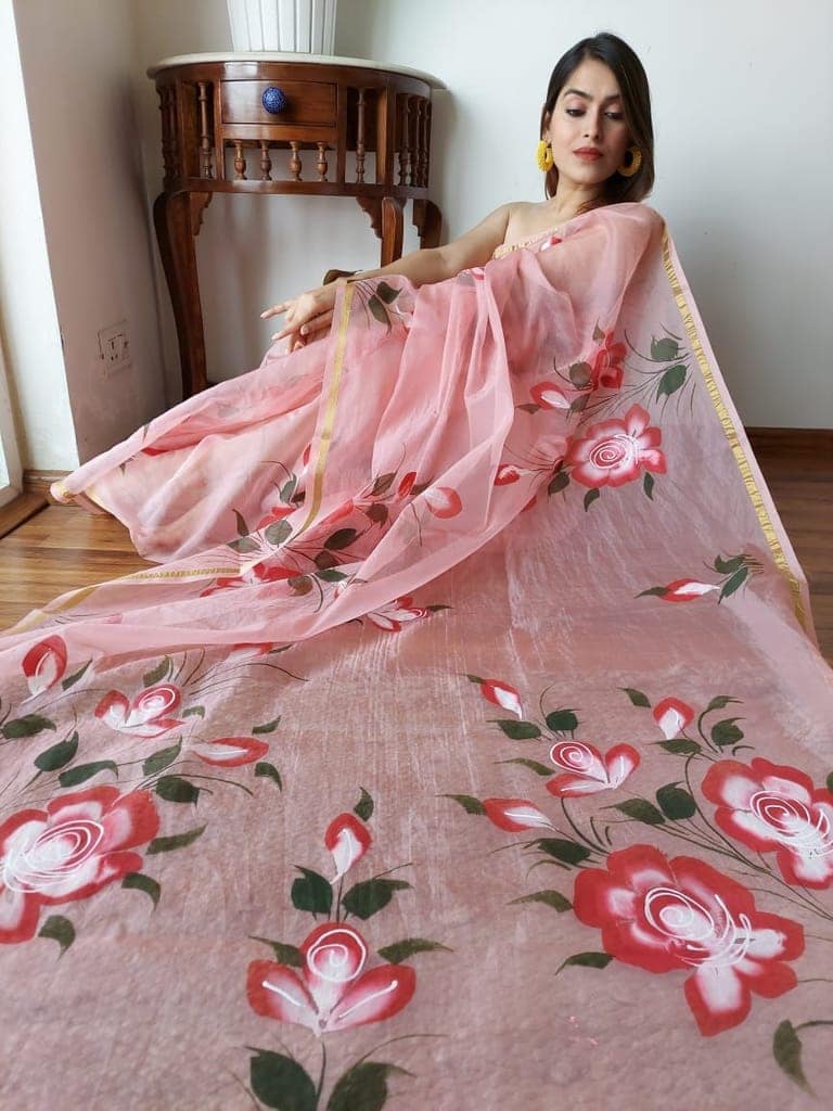 Hand Painted Organza Saree Rose Pink Colour with touch of gold print in vibrant Indian colours and matching running Blouse-4998 view 2