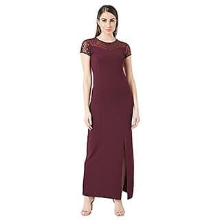 Miss Chase Wine Red Round Neck Cap Sleeves Sequin Paneled Solid Bodycon Maxi Dress