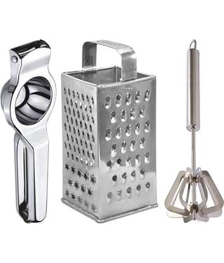 JISUN - Silver Stainless Steel Lemon Squeezer & Grater & Mathani ( Set of 3 )