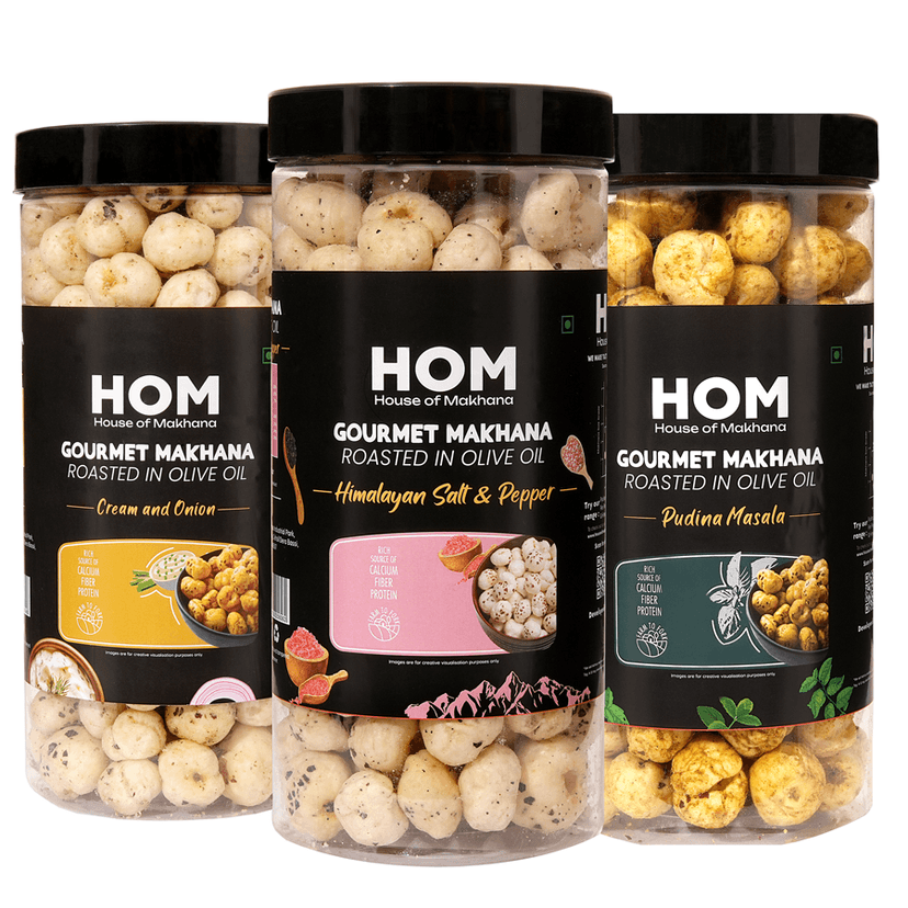 GOURMET MAKHANA Roasted in Olive Oil | Flavors Tangy Tomato, Cream & Onion and Peri Peri | Combo Of 3, 65g Each. - 195 gm