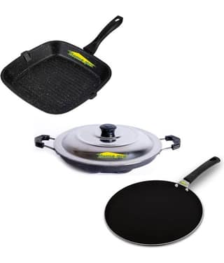 HomePro Non-Stick Set,Grill Pan 26 cm, Black Dosa Tawa 28 cm. Black Appam with Steel Lid 12 Cavity (Pack of 3)