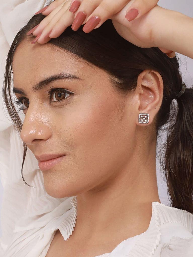 925 Sterling Silver Rhodium Plated Geometric Square Floret Studds Earrings view 2