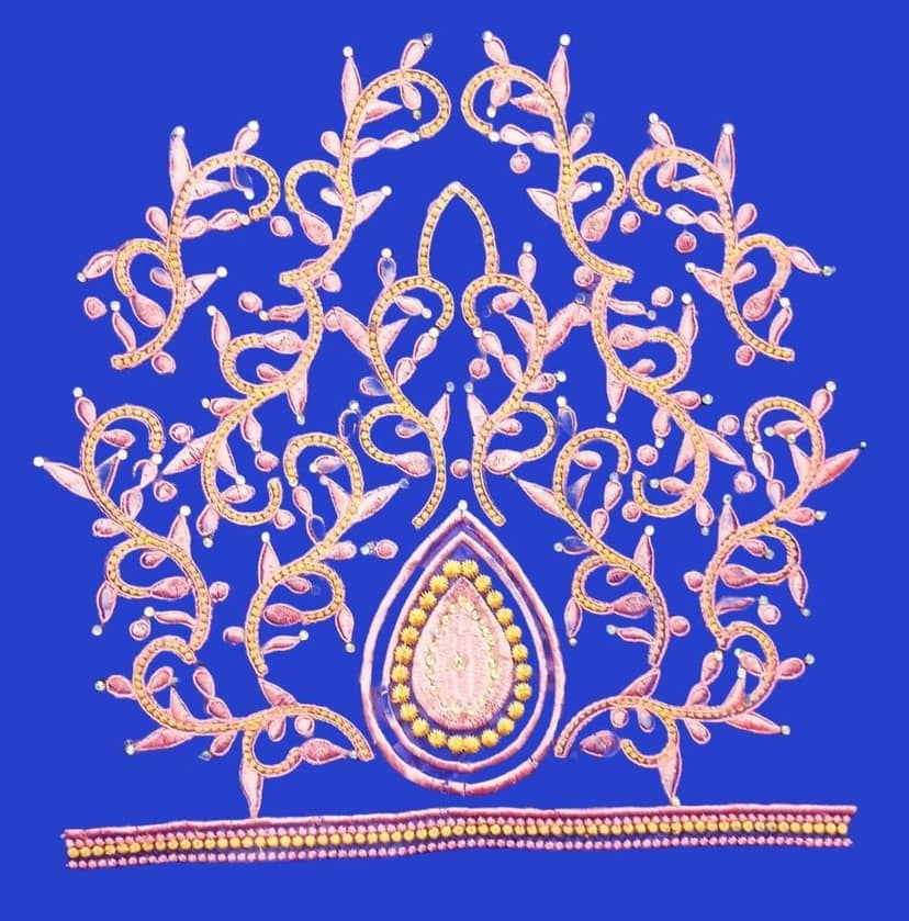 Pink and gold embroidered floral neckline view 2