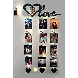 Khush Its Amazing Wood Wall Hanging Photo Display, DIY Picture Photo Frame Collage Set Includes Multi colour Clips (Love With LED Light)