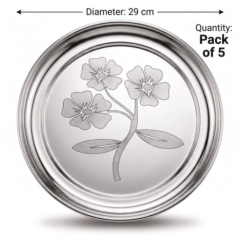 WEKTU Stainless Steel Rajbhog Gol Dinner Plate with Laser Floral Print (29 cm Diameter) – Premium Heavy Gauge Mirror Finish Round Thali for Lunch & Dinner | Food Grade, Durable & Rust Proof view 2