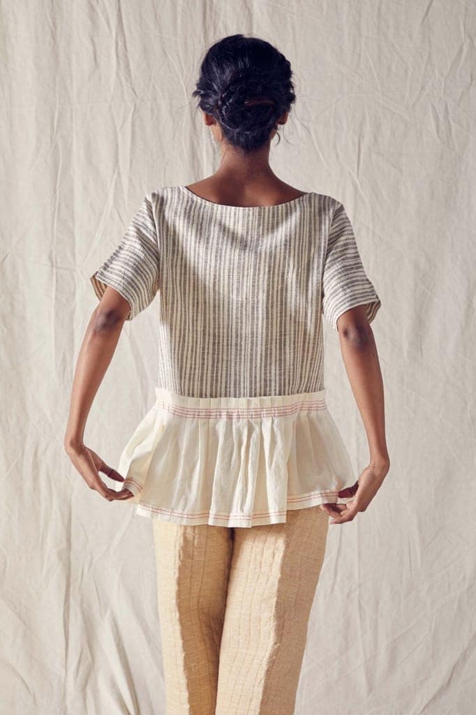 Peplum Jacket In Striped Organic Cotton And Off White Cotton Khadi Mulmul view 4